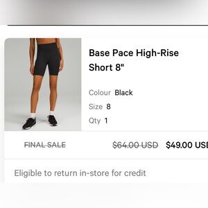Lululemon black size 8 bike shorts base pace